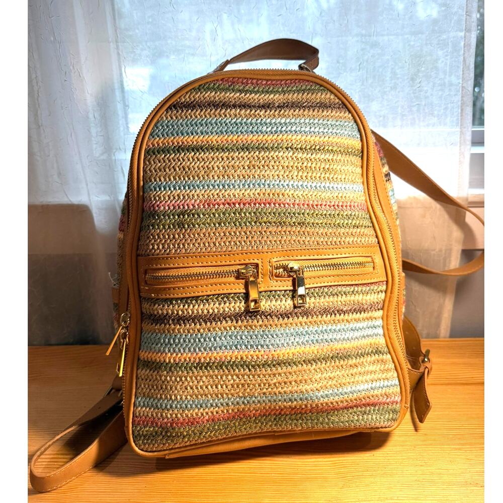 Tommy Bahama Woven Stripe Backpack Purse Tan Trim Boho Style